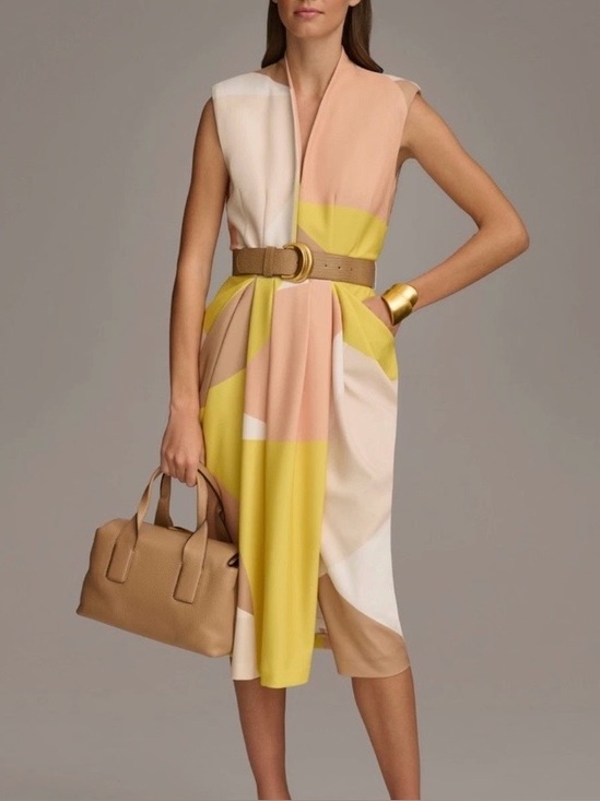 Donna Karan Dresses & Skirts - Donna Karan New York Colorblock Dress 16 Midi Sheath Yellow Beige Corporate Chic